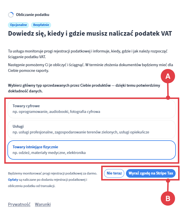 Możliwość uruchomienia dodatkowej usługi Stripe Tax