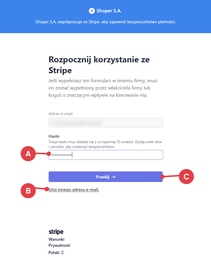 Ustawianie hasła do konta w formularzu aktywacyjnym płatności Stripe
