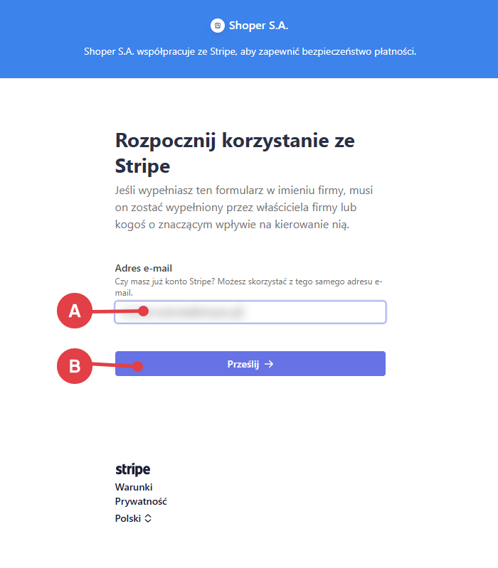 Podawanie adresu e-mail właściciela firmy w formularzu aktywacyjnym płatności Stripe 