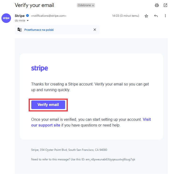 Email z linkiem do potwierdzenia założenia konta w Stripe