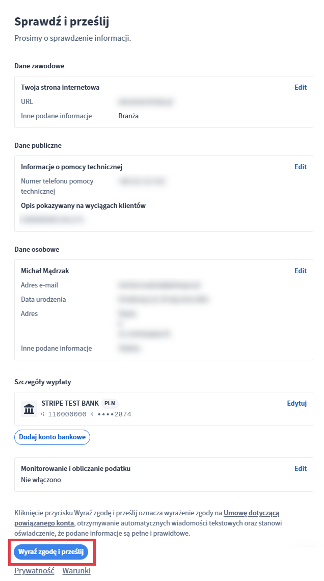 Podsumowanie wszystkich danych wprowadzonych do Stripe z możliwością ich poprawy przed wysłaniem.