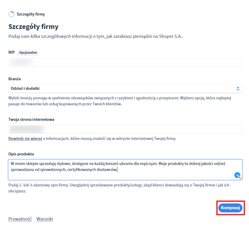 Uzupełnianie danych szczegółowych firmy: NIP, Branża, Adres www sklepu oraz opis prowadzonej działalności i sprzedawanego asortymentu