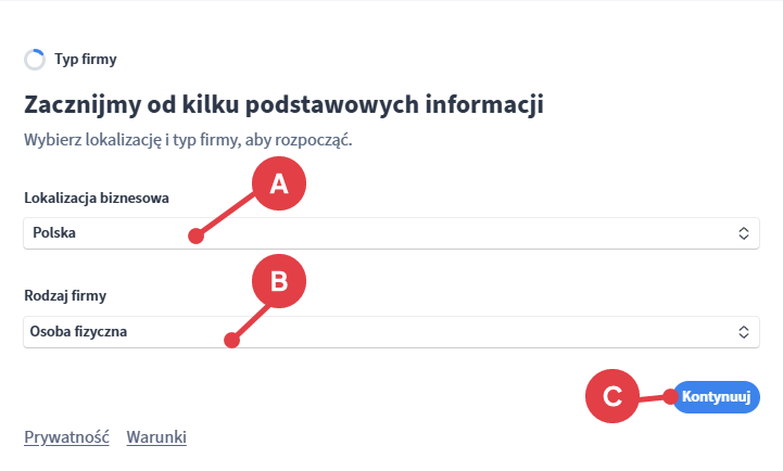 Uzupełnianie danych szczegółówych konta: Kraj prowadzenia działalności i rodzaj działalności