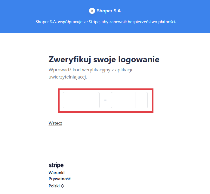 Wpisz w okno kod weryfikacyjny wygenerowany przez Aplikację Google Authenticator