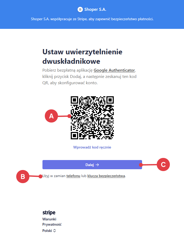 Skanowanie kodu QR w celu ustawienia dwuetapowego logowania do konta Stripe