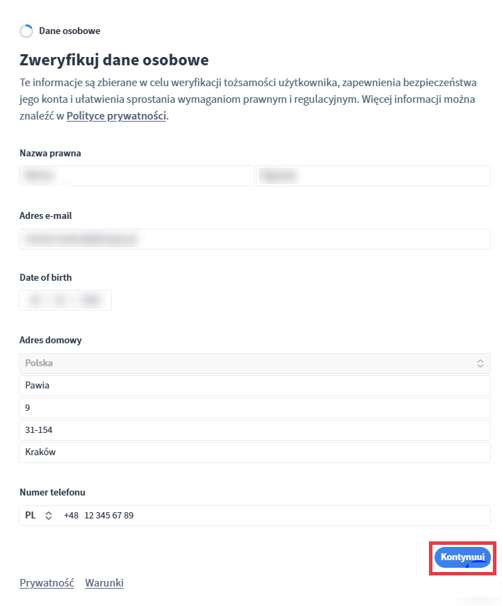 Uzupełnianie danych szczegółowych konta: Adres e-mail, adres domowy, numer telefonu