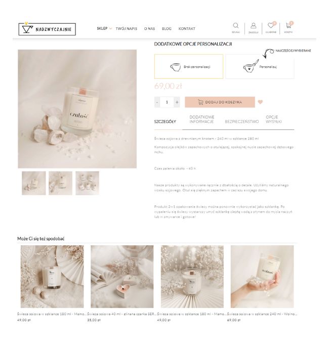 Widok strony produktu w sklepie Nadzwyczajnie.pl na platformie Shoper – minimalistyczna świeca sojowa z opcją personalizacji oraz propozycjami podobnych produktów, które mogą Ci się spodobać.