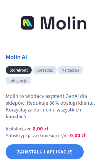 Zainstaluj aplikację Molin AI w panelu sklepu Shoper: Dodatki i integracje > Aplikacje
