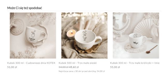 Widok aplikacji Shoper Rekomendacje w sklepie Nadzwyczajnie.pl – minimalistyczne kubki i filiżanki polecane innym klientom, aby zakupy były jeszcze prostsze.