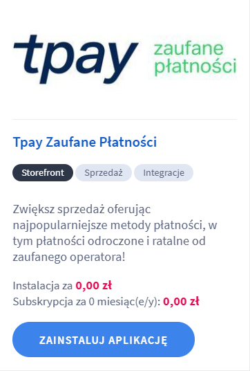 Instalacja aplikacji Tpay Zaufane Płatności w sklepie Shoper