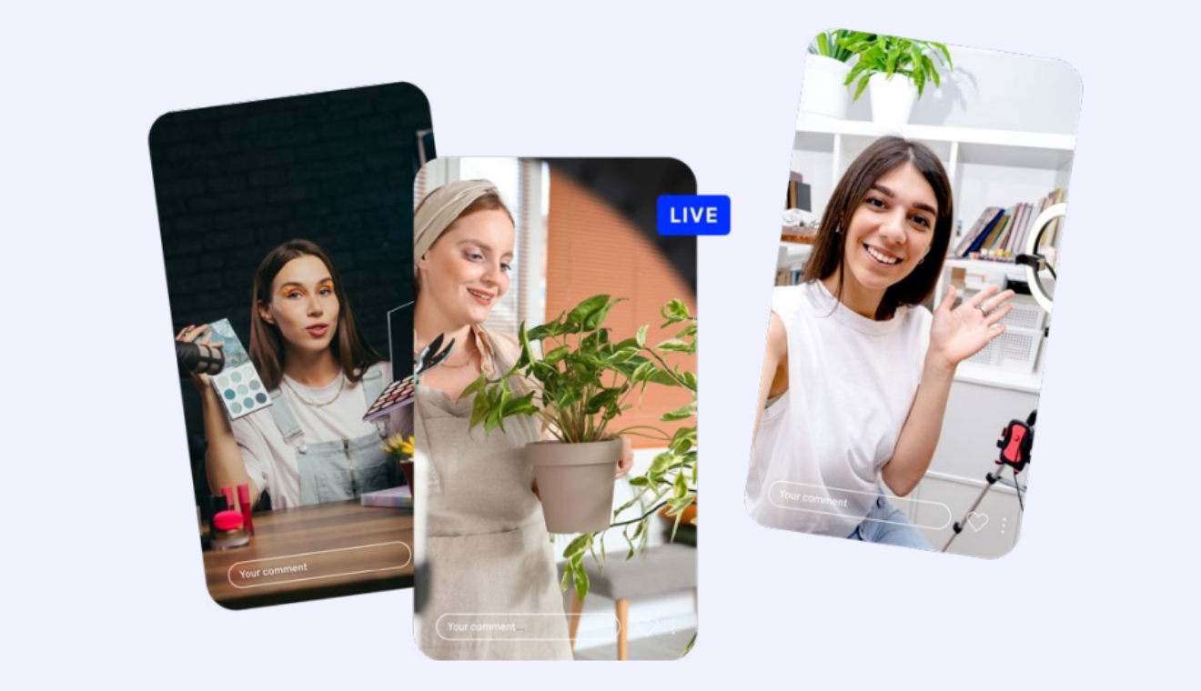 blog-sprzedawaj-produkt-cyfrowy Trzy kobiety prezentujące produkty na live w różnych wnętrzach