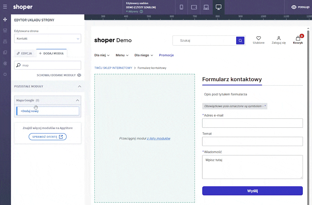 Dodawanie modułu: Mapa Google do strony w Shoper Visual Editor w technologii Storefront