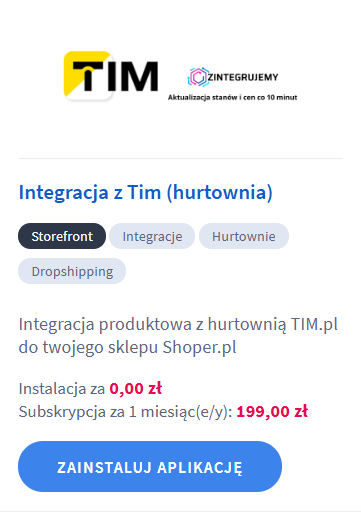 Zainstaluj aplikację PIntegracja z hurtownią TIM S.A. w Instalacja aplikacji Integracja z hurtownią TIM S.A. w sklepie Shoper