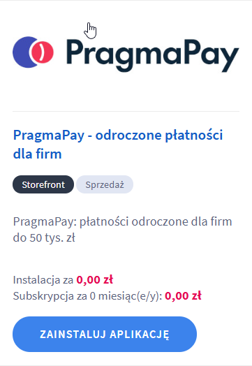 Zainstaluj aplikację PragmaPay - odroczone płatności Instalacja aplikacji PragmaPay - odroczone płatności dla firm w sklepie Shoper
