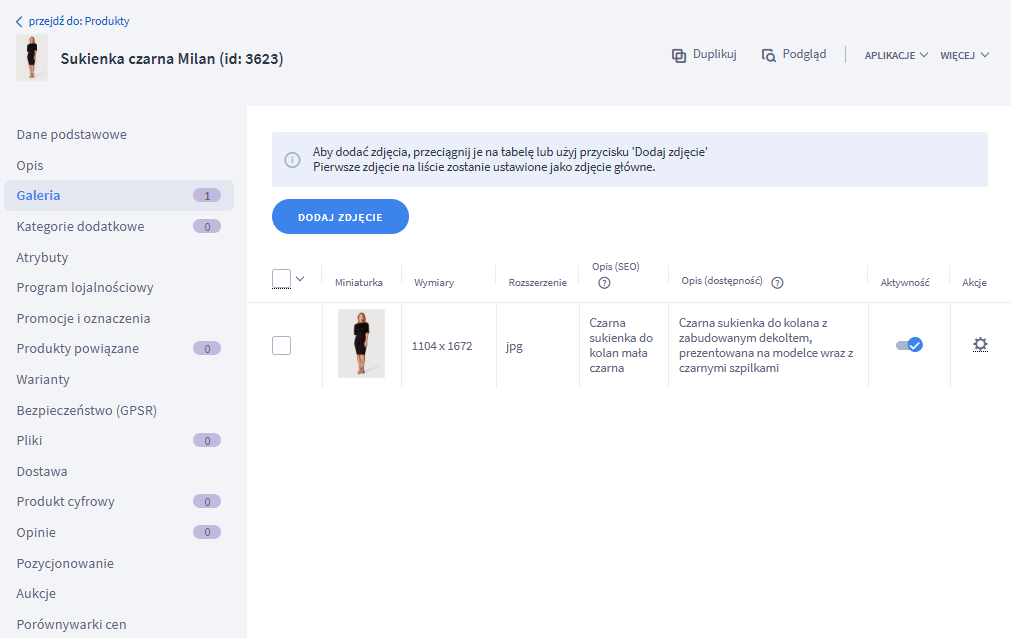 Wprowadzanie opisu zdjęcia w galerii zdjęć produktu w panelu administracyjnm sklepu Shoper