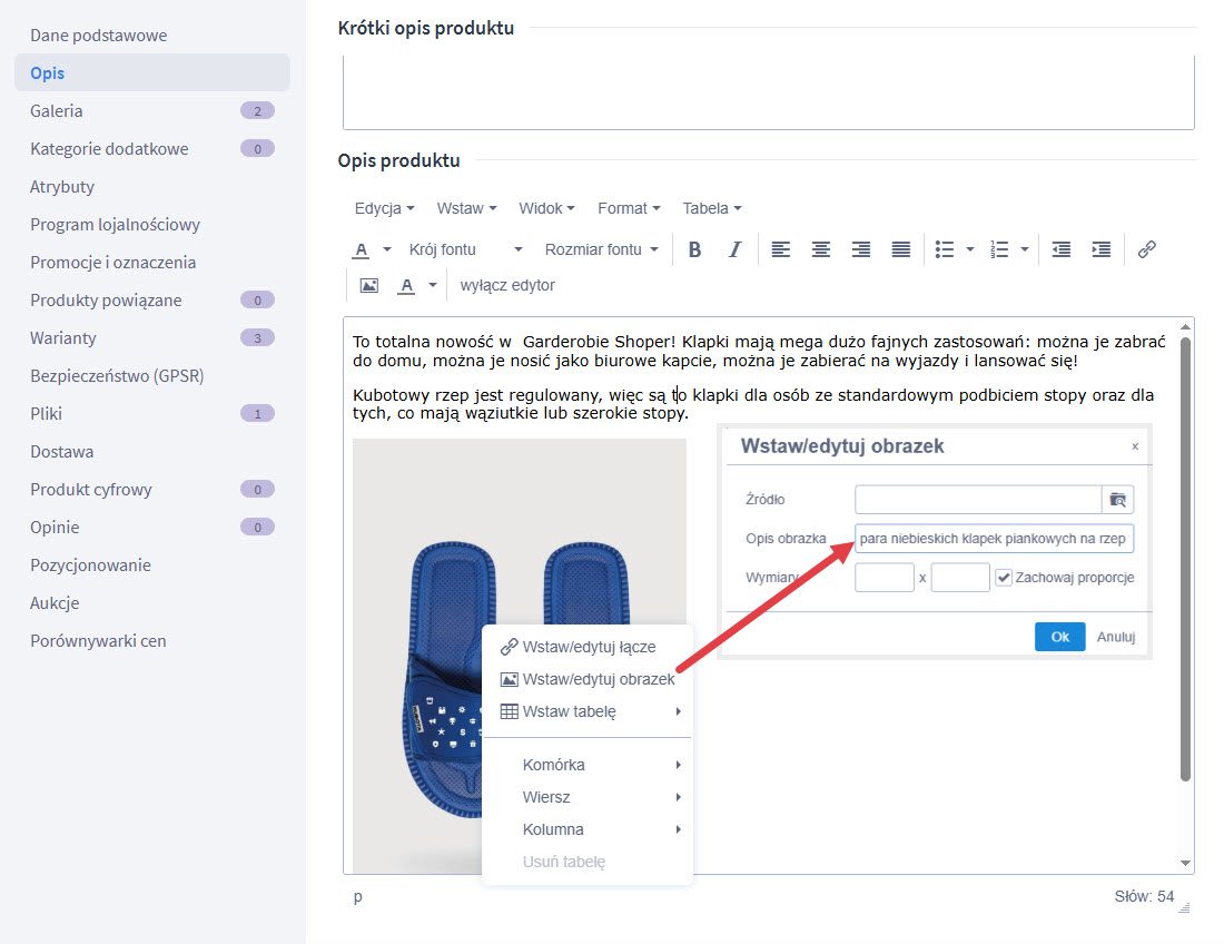Wprowadzanie opisu zdjęcia w opisie produktu w panelu administracyjnym sklepu Shoper