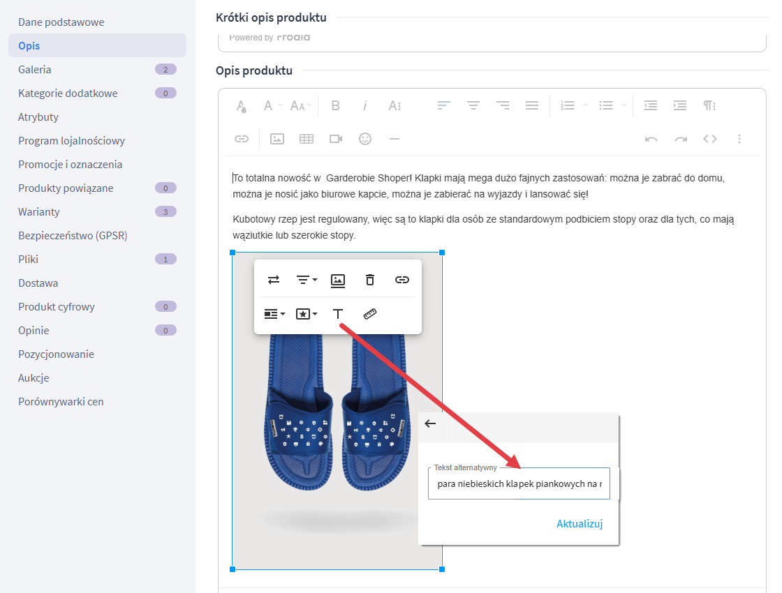 Wprowadzanie opisu zdjęcia w opisie produktu w panelu administracyjnym sklepu Shoper