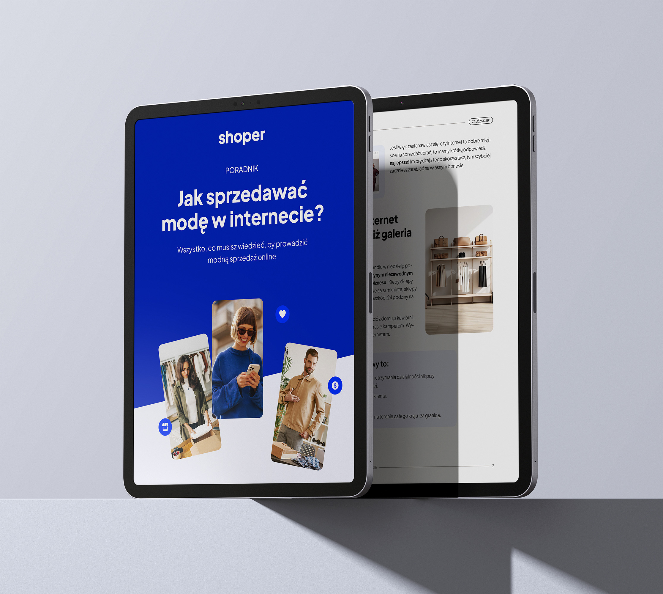 Widok poradnika Shopera „Jak sprzedawać modę w internecie?” na dwóch tabletach. Na okładce są zdjęcia młodych osób korzystających ze smartfonów oraz przeglądających ubrania. Drugi tablet pokazuje fragment treści poradnika.