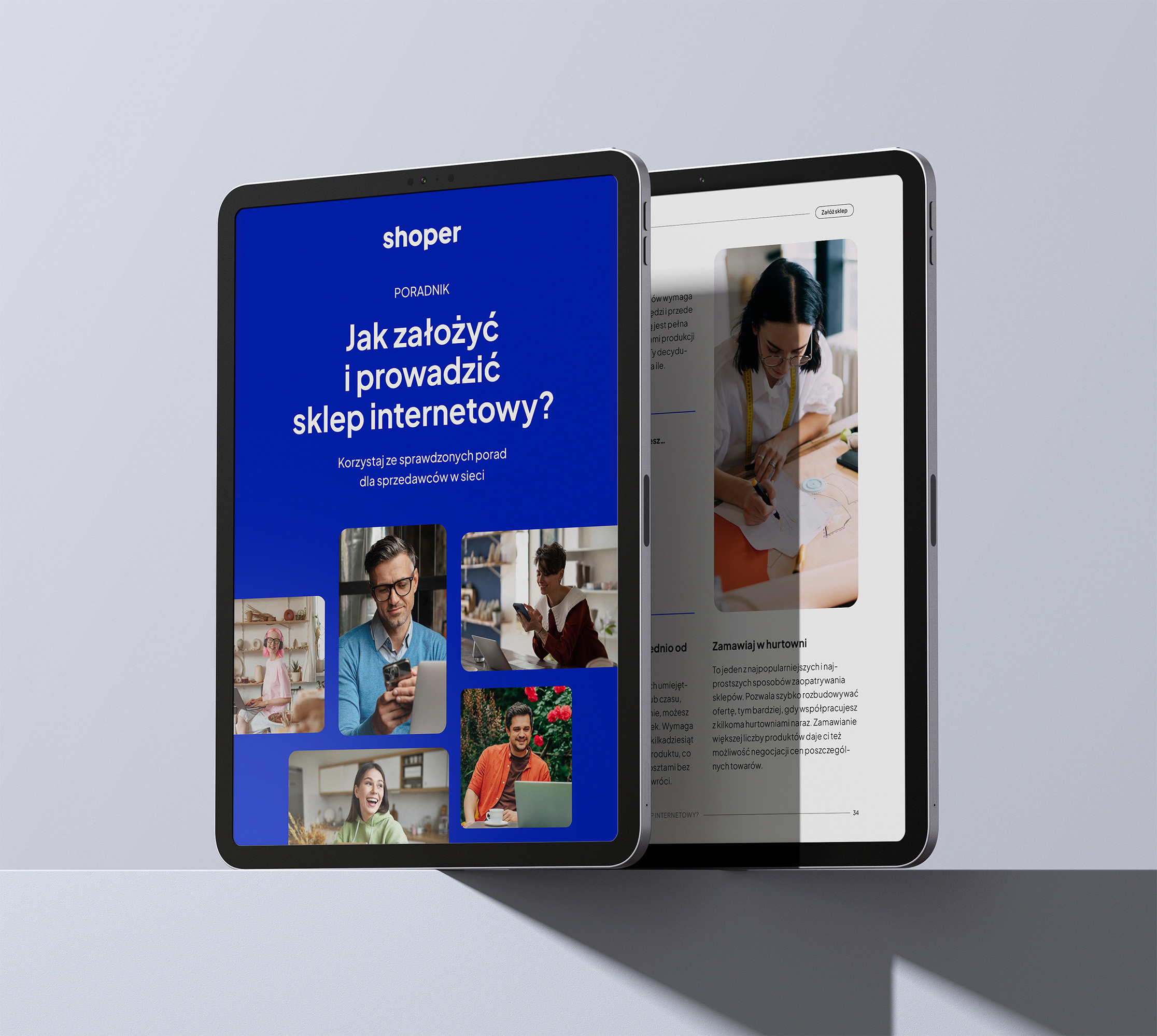 Dwa tablety leżące obok siebie na szarym tle. Na ekranie pierwszego tabletu widoczna jest okładka e-booka z tytułem
