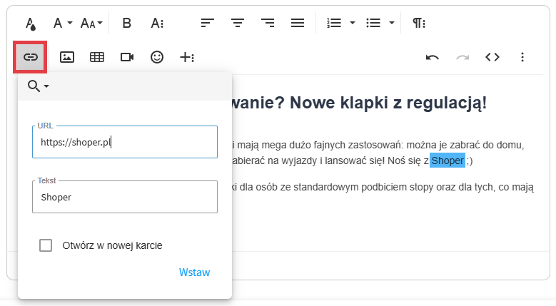Dodawanie hiperłącza w tekście Dodawanie linka w tekście w nowym edytorze treści