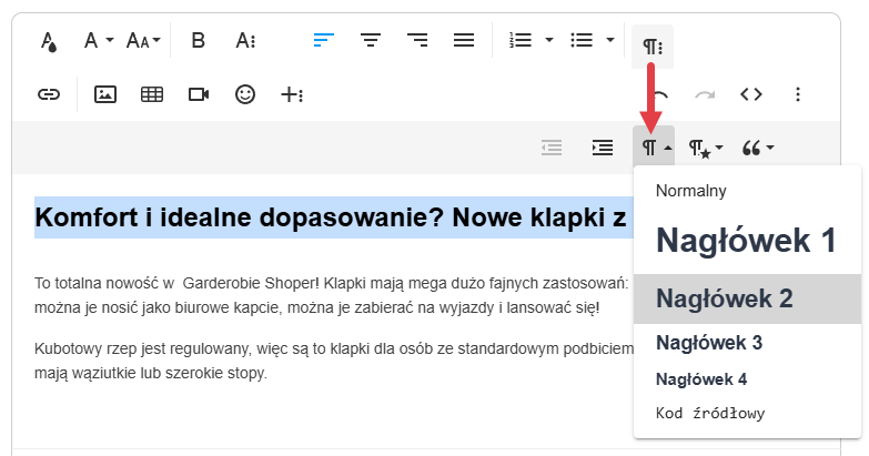 Dodawanie nagłówków w tekście Formatowanie nagłówków w nowym edytorze treści