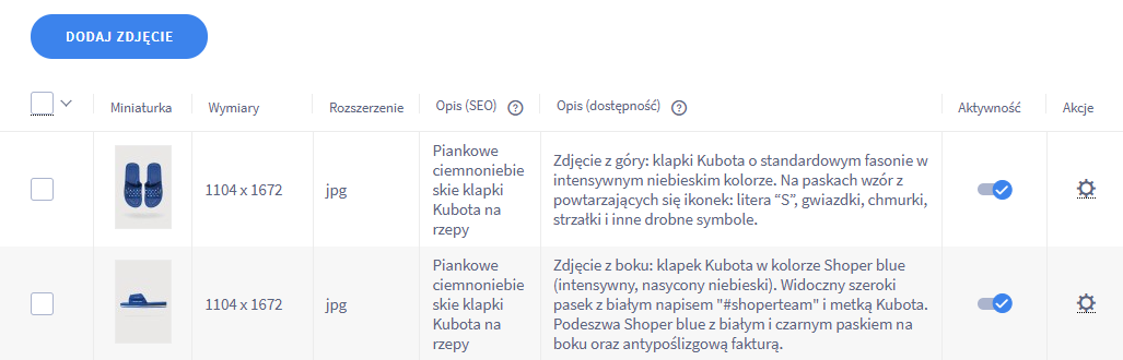 Galeria zdjęć produktu po wprowadzeniu zmian Edytowana galeria zdjęć produktu po wprowadzeniu zmian, w której widoczne są dwa pola: "Opis (SEO)" oraz "Opis (dostępność).