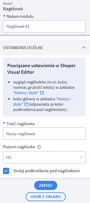 Moduł: Nagłówek w Shoper Visual Edtor z możliwością wpisania treści nagłówka oraz wybrania jego poziomu