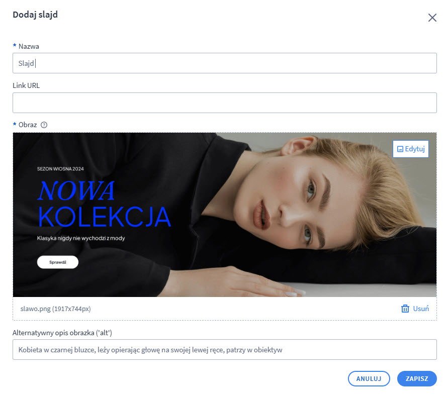 Uzupełnianie opisu zdjęcia podczas dodawania slajdu w Shoper Visual Editir