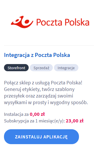 Zainstaluj aplikację ntegracja z Pocztą Polską Instalacja aplikacji: Integracja z Pocztą Polską w sklepie Shoper