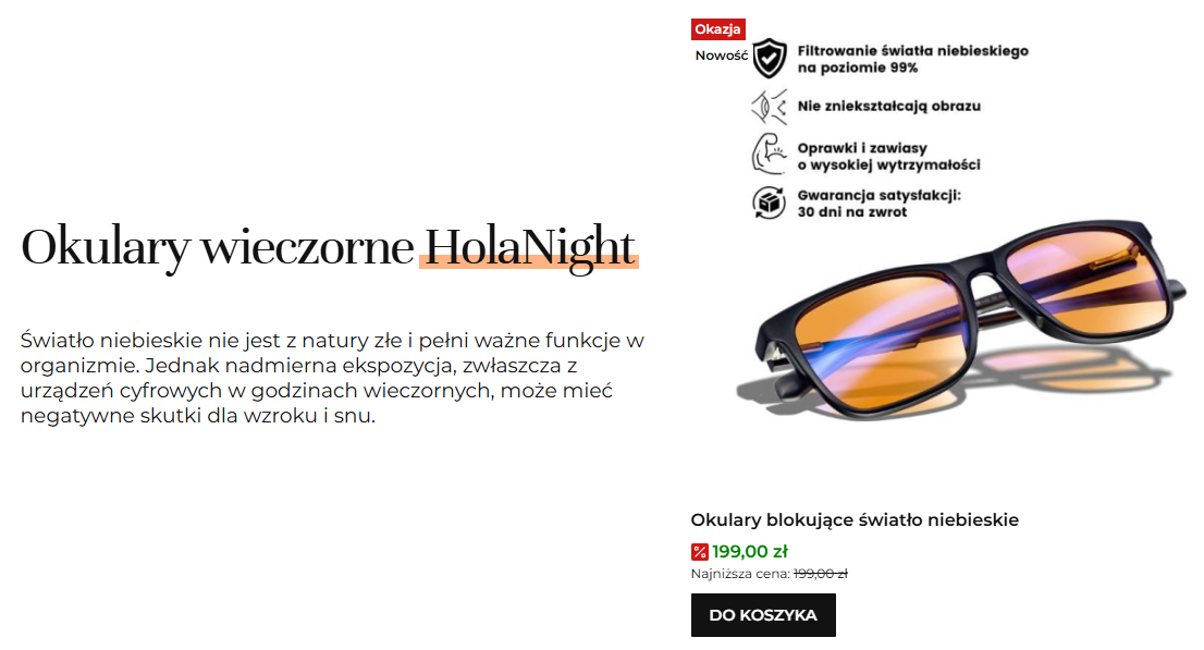 Klikniecie przycisku na stronie głównej kieruje od razu do koszyka Przycisk dodający produkt do koszyka zlokalizowany na stronie głównej sklepu holaglasses.pl