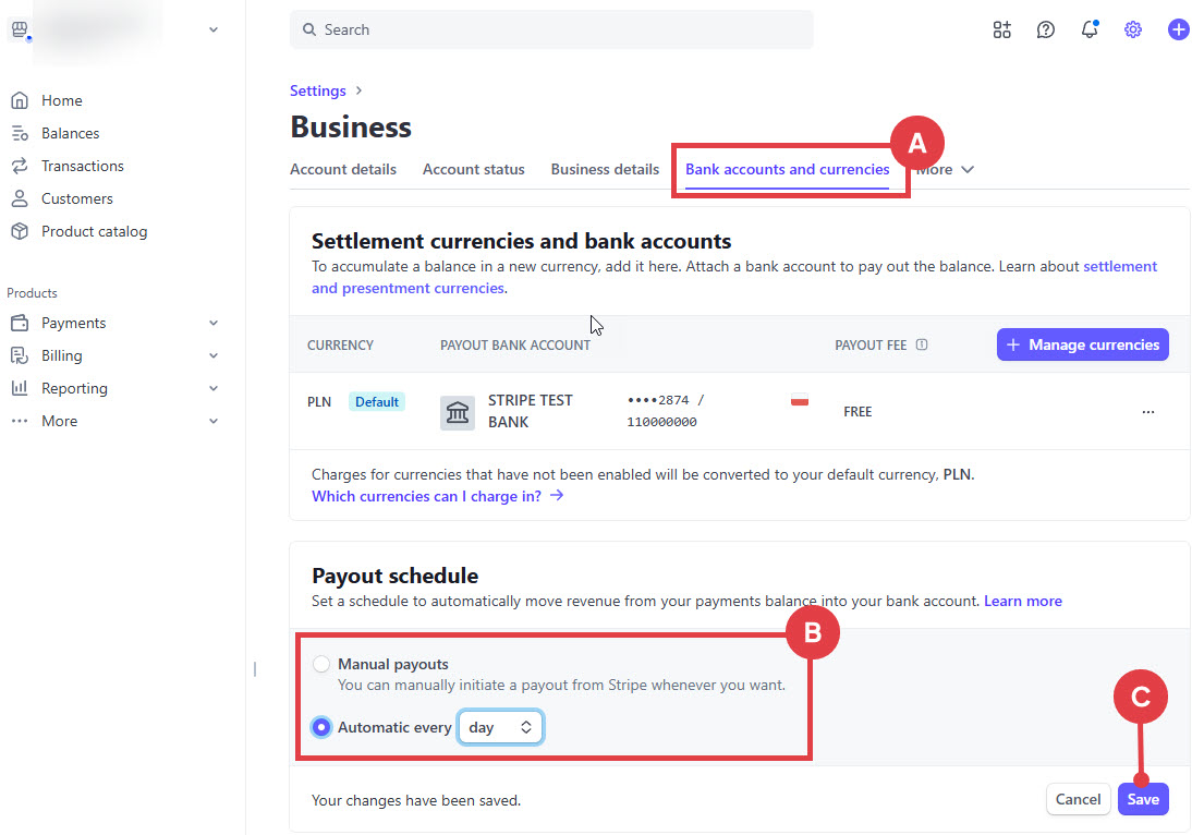 W zakładce Bank accounts and currencies wybierz sposób wypłaty środków w sekcji Payout schedule