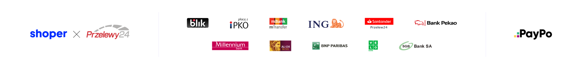 Baner Przelewy24 w ramach Shoper Płatności z logotypami szybkich płatności online oraz PayPo