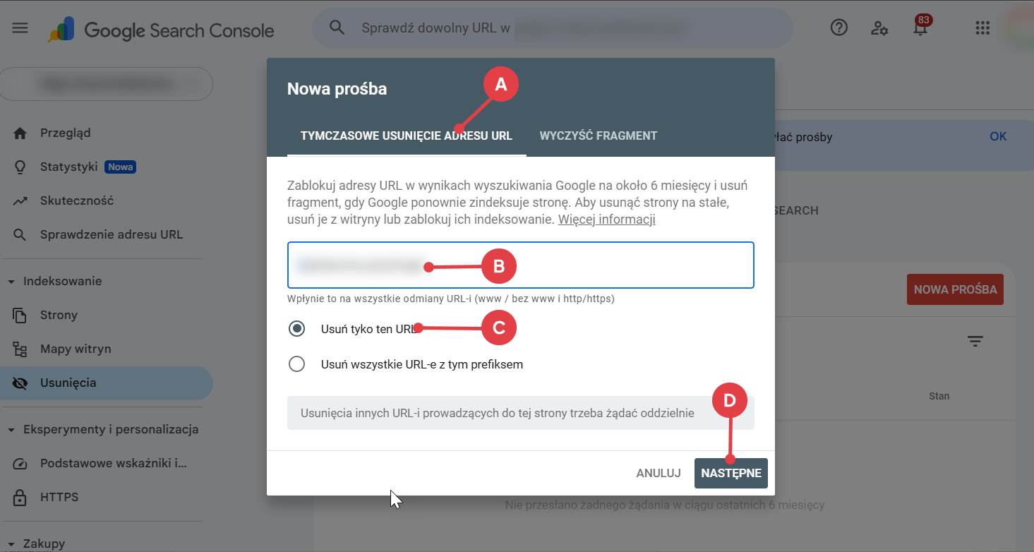Wprowadź adres, który ma być usunięty z indeksu Pole do wprowadzenia adresu URL, który ma być usunięty z indeksu Google