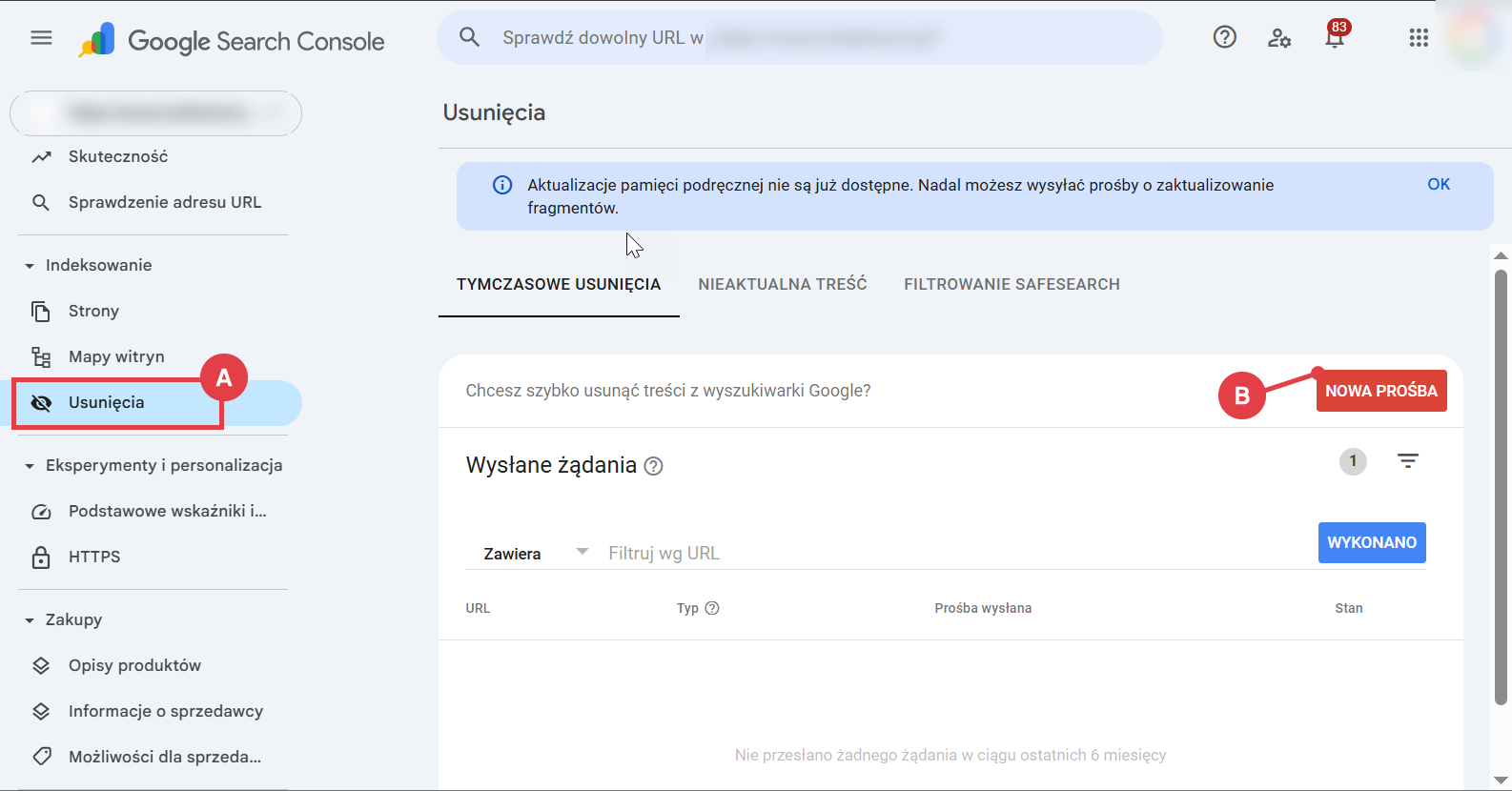 Kliknij: NOWA PROŚBA, aby wprowadzić adres URL do usunięcia z indeksu Przycisk "Nowa prośba" w sekcji: Usunięcia w panelu Google Search Console