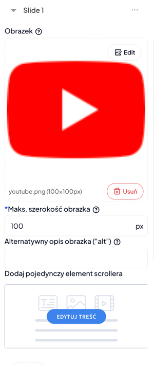 Opcje wprowadzania treści do pojedynczego slajdu modułu Scroller