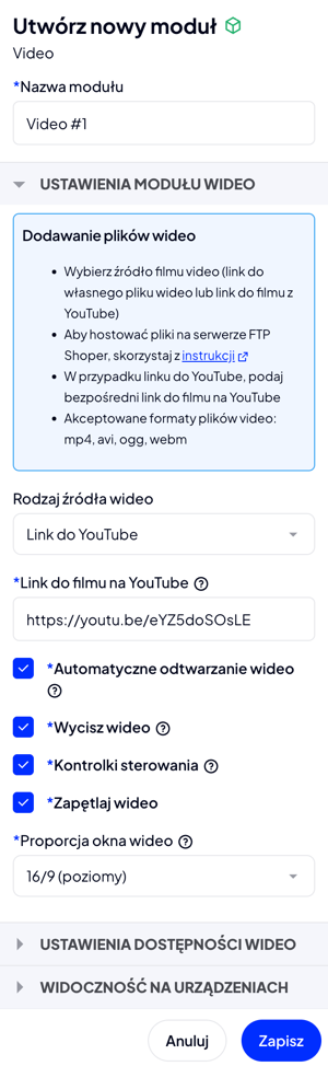Ustawienia modułu Video w szablonie Storeferont