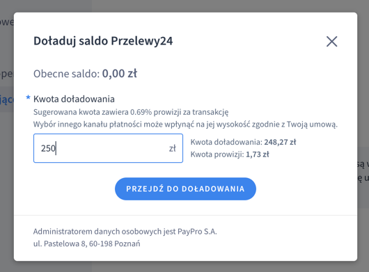 Podaj kwotę potrzebną do uzupełnienia salda do realizacji zwrotów w sklepie. Ustalanie wartości przelewu zasilającego saldo w Przelewy24