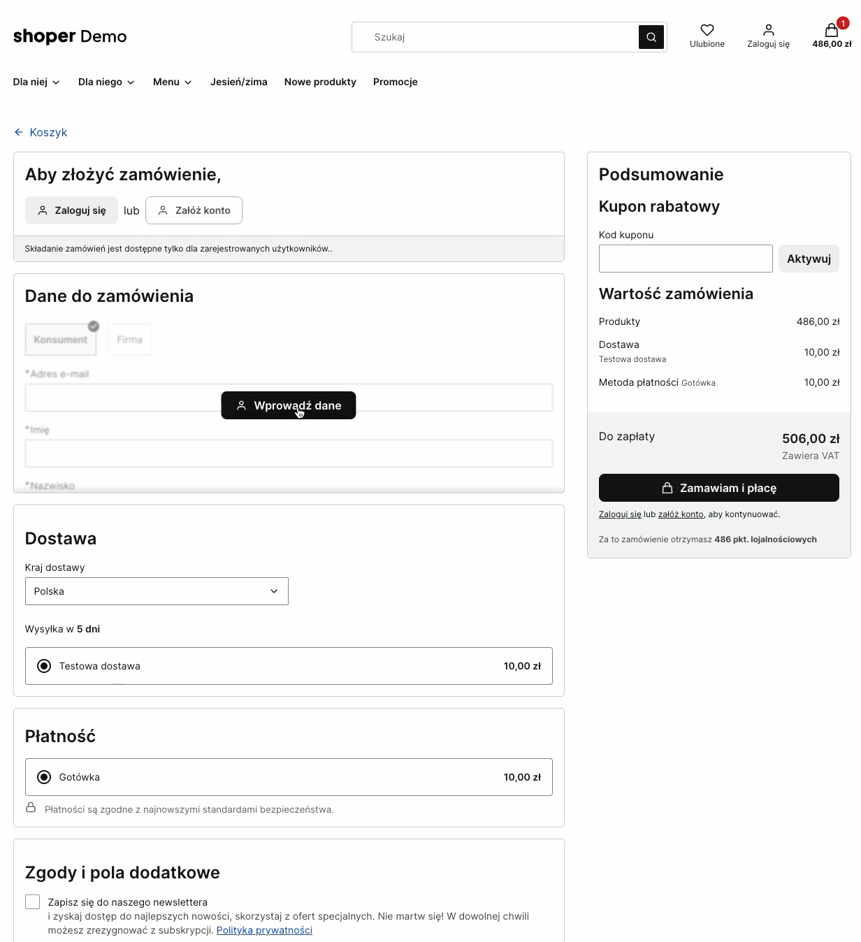 Dane do zamówienia w oknie pop-up Strona koszyka z formularzem danych do zamówienia w oknie pop-up
