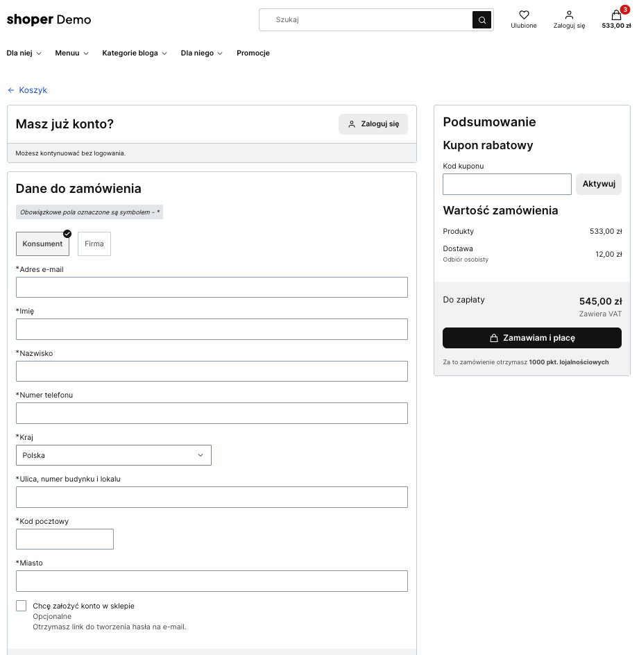 Dane do zamówienia zintegrowane ze stroną koszyka Strona koszyka z formularzem danych do zamówienia zintegrowanym ze stroną koszyka.