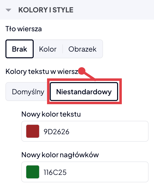 Wybierz kolor tekstu i nagłówków w ustawieniach Definiowanie domyślnego koloru tekstu w ustawieniach wiersza