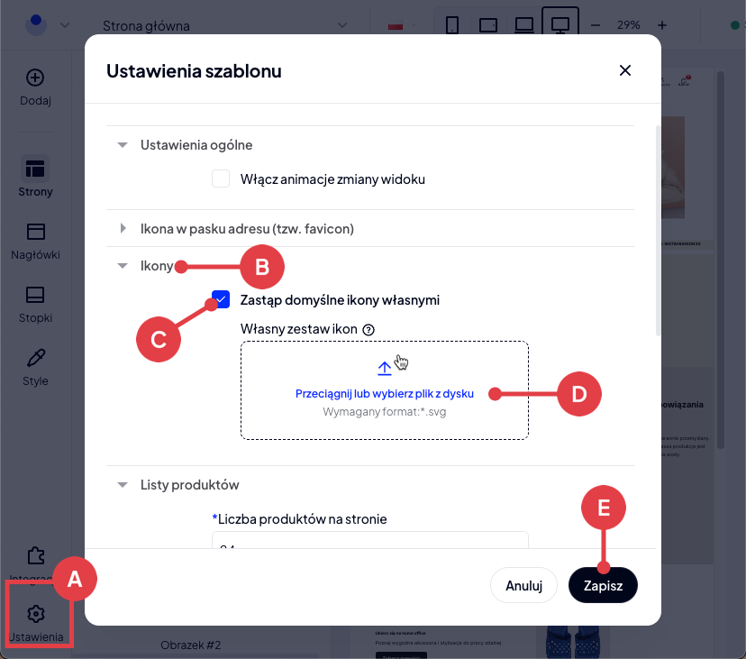 Wgraj pobrany plik z ikonami do edytora szablonu Storefront