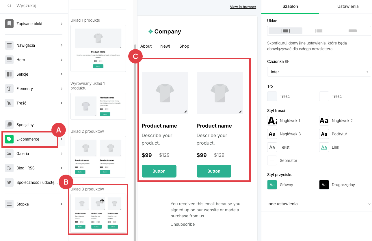 Wybieranie rodzaju bloku z produktami do szablonu newslettera w MailerLite