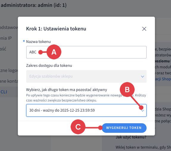 Podaj nazwę oraz okres ważności tokena i kliknij  "Wygeneruj token"