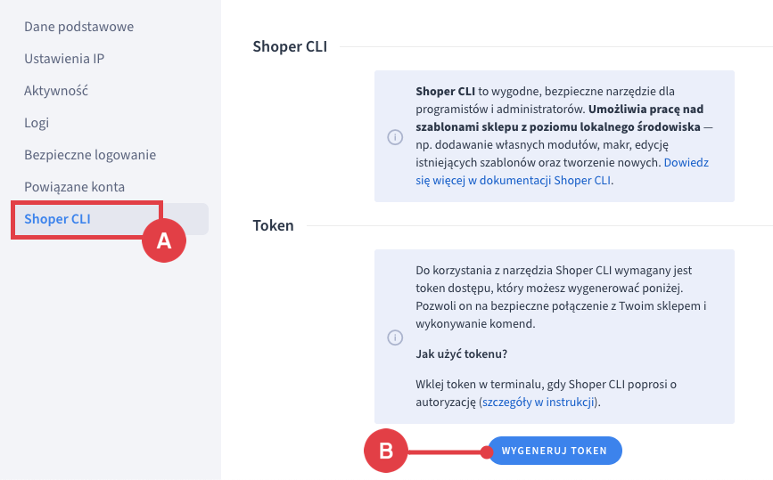 W ustawieniach administratora w sekcji Shoper CLI, kliknij "Wygeneruj token"