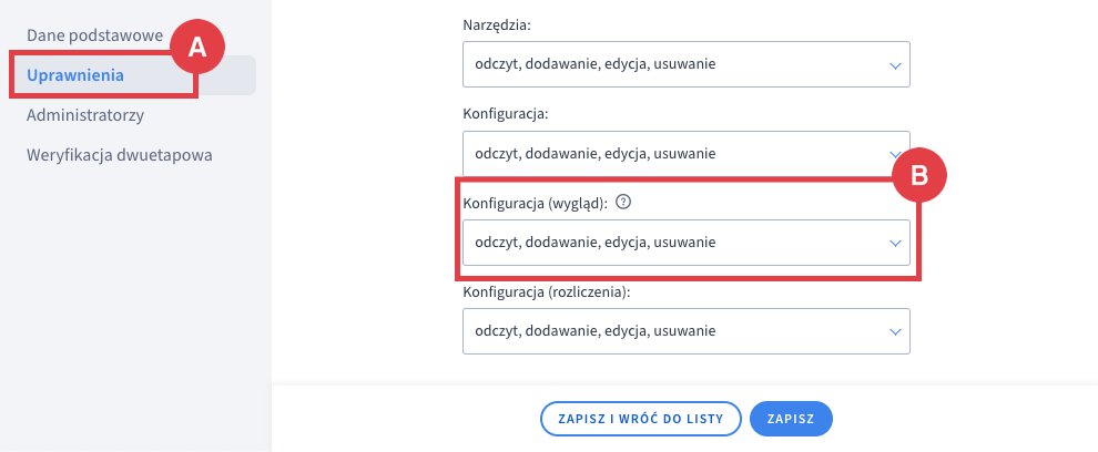 Włącz pełne uprawnienia dla grupy administratorów przypisując obszarowi: Konfiguracja (wygląd), uprawnienia: odczyt, dodawanie, edycja, usuwanie.