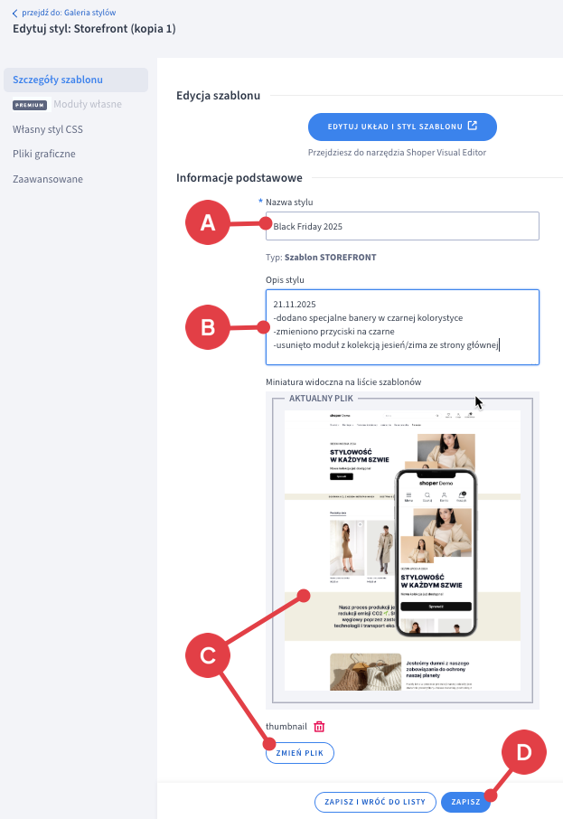 Możliwość wprowadzenia unikatowej nazwy i opisu dla kopii szablonu