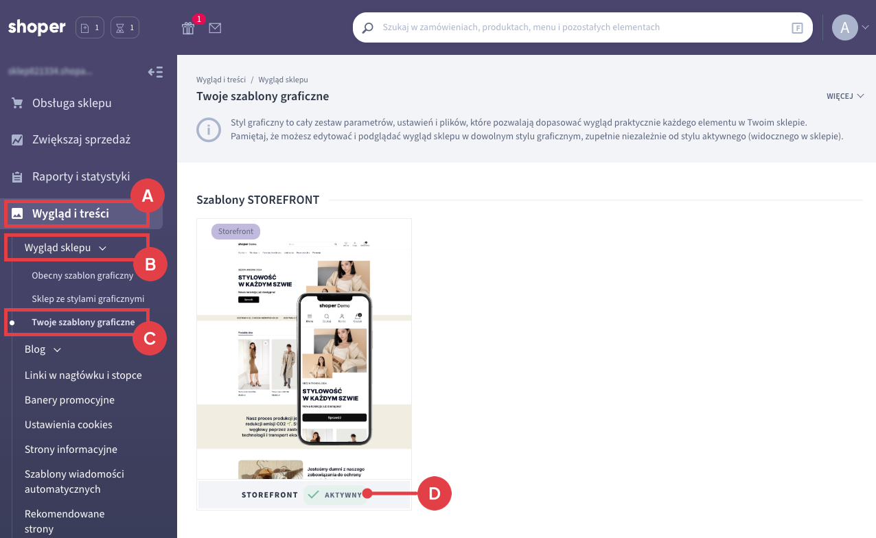 Zakładka w panelu administracyjnym sklepu Shoper: Wygląd i treści, Wygląd sklepu, Twoje szablony graficzne