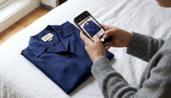 Kobieta robi zdjęcie koszuli, aby zacząć sprzedaż na vinted