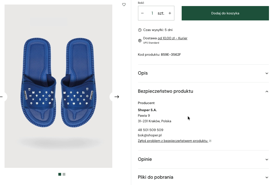Link do formularza kontaktowego producenta w karcie produktu Link do formularza kontaktowego producenta widoczny na stronie produktu w sklepie Shoper