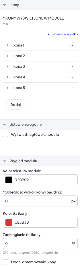 Moduł ikon społecznościowych po zmianach Moduł Ikon mediów społecznościowych w edytorze szablonu Storefront, po aktualizacji, ze zmienionymi ustawieniami